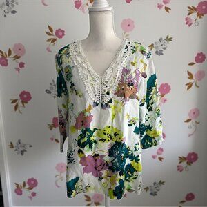 PREMISE Floral Linen Blend Tunic Top Size Small